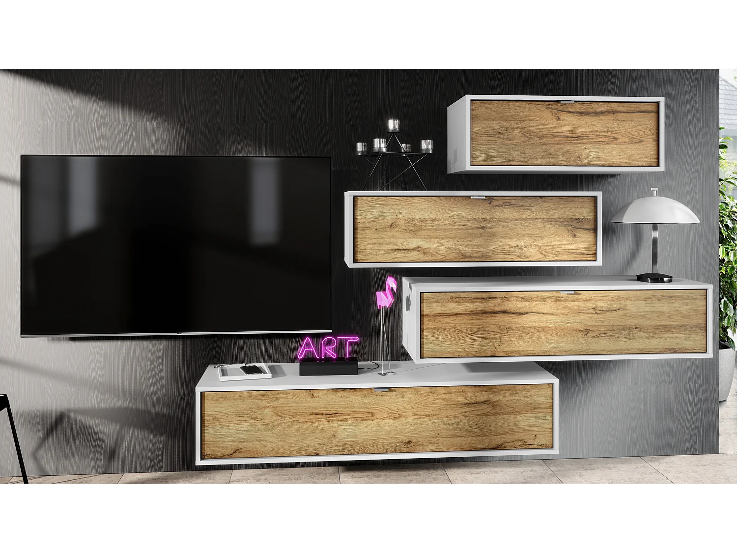 Parete attrezzata Lana V3 Centro di intrattenimento composto da 4 elementi sospesi con 10 ripiani, struttura in bianco opaco, frontali in rovere naturale.