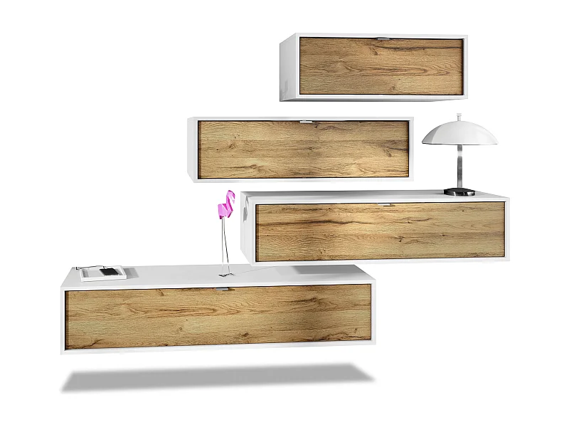 Unité murale Lana V3 composée de 4 unités murales à 10 compartiments, caisson en Blanc mat, façades en Chêne Nature