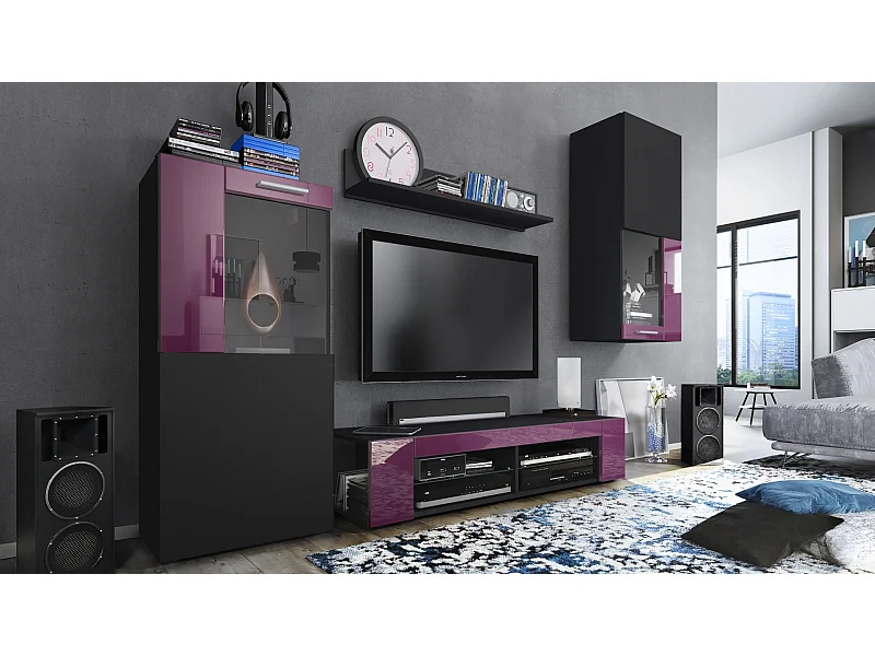 Ensemble de salon Movie comprenant 1 meuble bas TV, 2 vitrines et 1 étagère, Noir mat/Mûre haute brillance, (Dimensions totales : 300 x 190 x 39 cm)