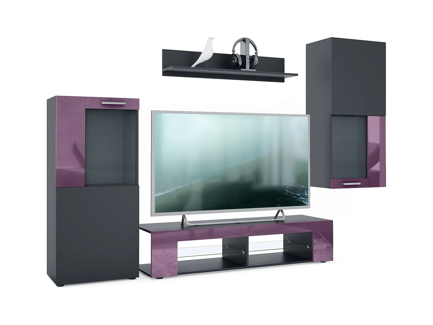 Ensemble de salon Movie comprenant 1 meuble bas TV, 2 vitrines et 1 étagère, Noir mat/Mûre haute brillance, (Dimensions totales : 300 x 190 x 39 cm)