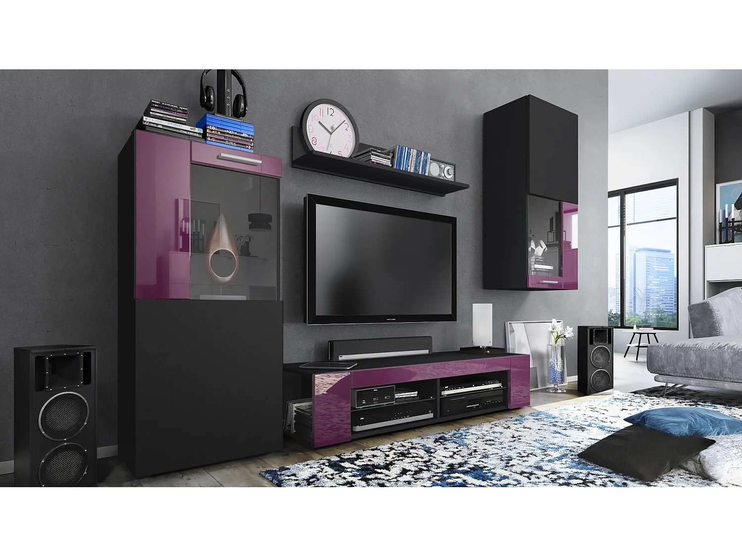 Ensemble de salon Movie comprenant 1 meuble bas TV, 2 vitrines et 1 étagère, Noir mat/Mûre haute brillance, (Dimensions totales : 300 x 190 x 39 cm)