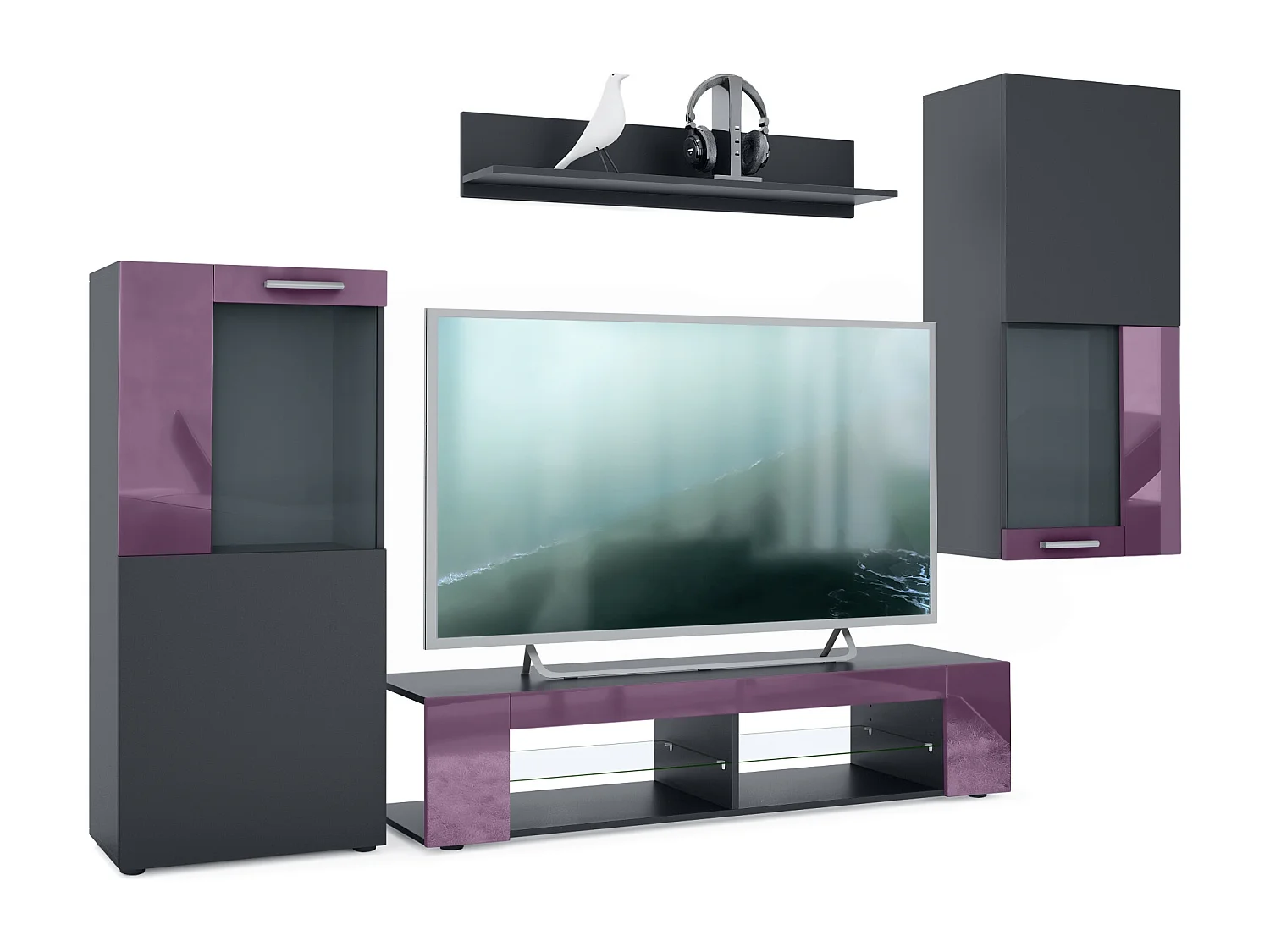 Ensemble de salon Movie comprenant 1 meuble bas TV, 2 vitrines et 1 étagère, Noir mat/Mûre haute brillance, (Dimensions totales : 300 x 190 x 39 cm)