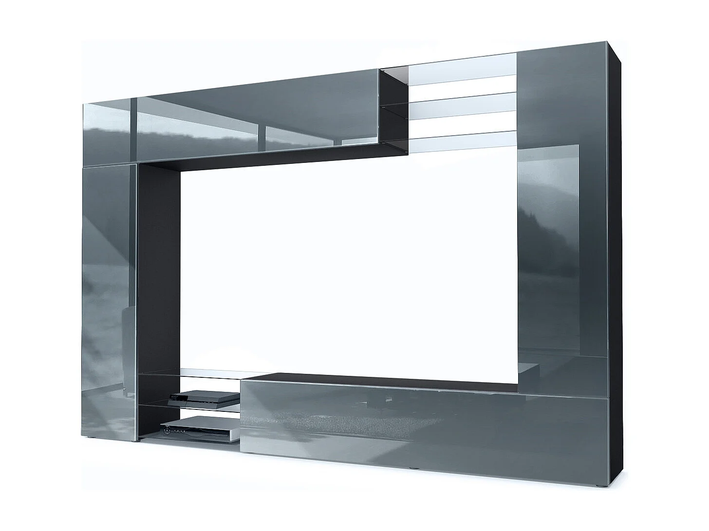 Meuble TV mural Mirage, Ensemble étagère TV avec panneau arrière et 2 portes, 2 clapets et 6 étagères en verre, Noir mat/Gris brillant (262 x 183 x 39 cm)