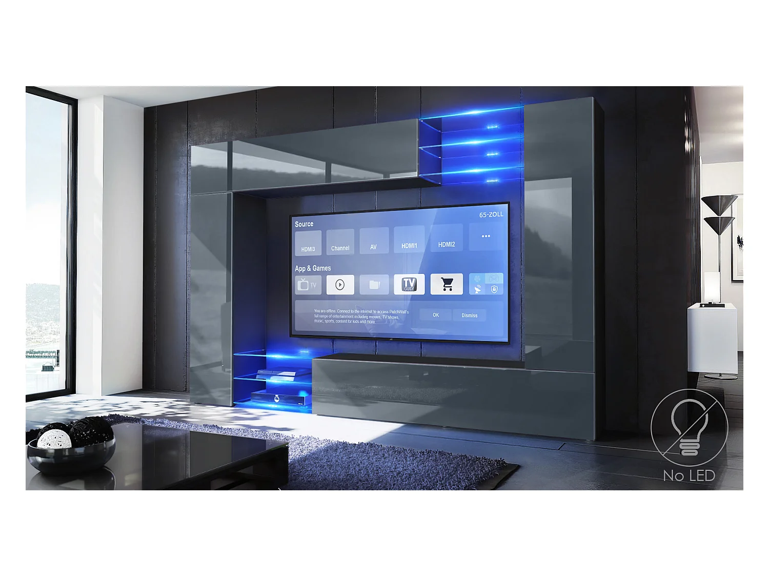 Meuble TV mural Mirage, Ensemble étagère TV avec panneau arrière et 2 portes, 2 clapets et 6 étagères en verre, Noir mat/Gris brillant (262 x 183 x 39 cm)