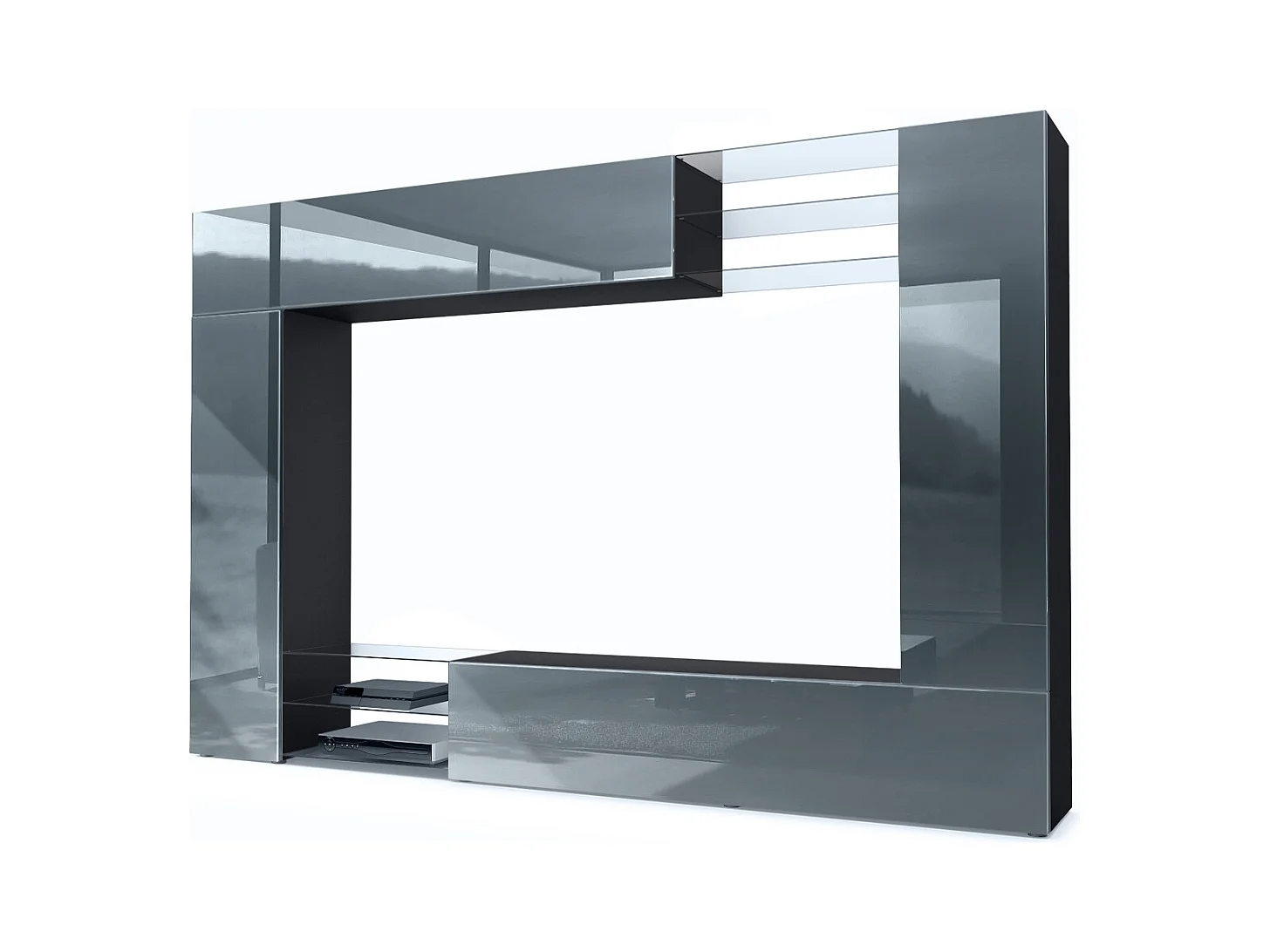 Meuble TV mural Mirage, Ensemble étagère TV avec panneau arrière et 2 portes, 2 clapets et 6 étagères en verre, Noir mat/Gris brillant (262 x 183 x 39 cm)