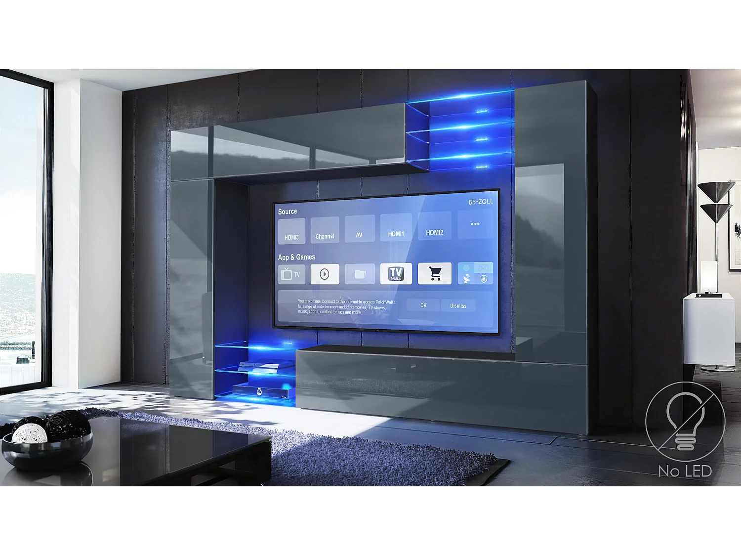 Meuble TV mural Mirage, Ensemble étagère TV avec panneau arrière et 2 portes, 2 clapets et 6 étagères en verre, Noir mat/Gris brillant (262 x 183 x 39 cm)