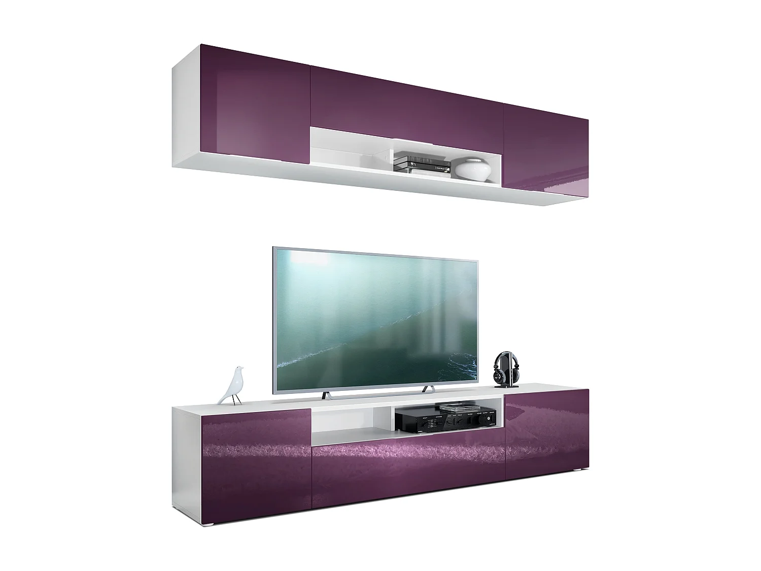 Meuble-paroi Mogan, blanc mat/mûre haute brillance - Meuble mural moderne composé de 2 étagères TV (181 x 147 x 35 cm)