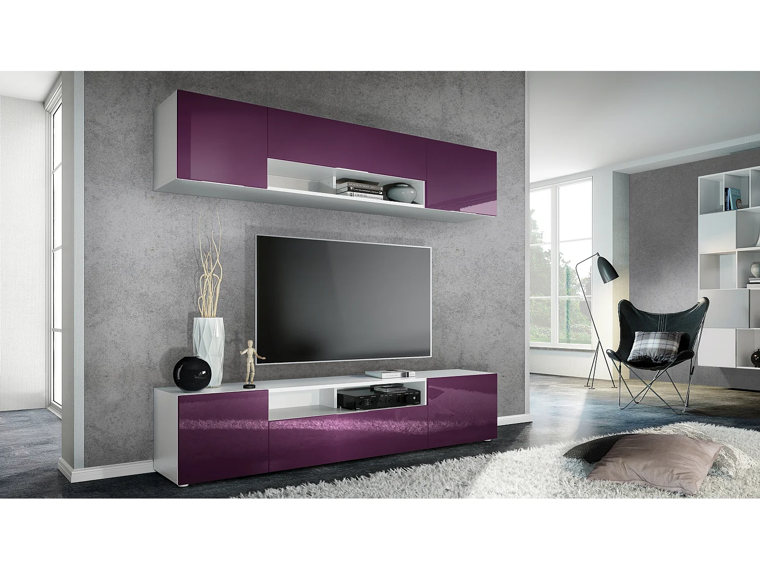 Meuble-paroi Mogan, blanc mat/mûre haute brillance - Meuble mural moderne composé de 2 étagères TV (181 x 147 x 35 cm)