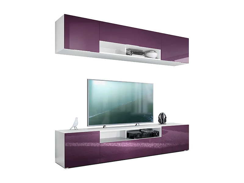 Vladon pared viva Mogan, blanco mate/zarzamora de alto brillo - Moderno mueble alto compuesto por 2 estantes para TV (181 x 147 x 35 cm)