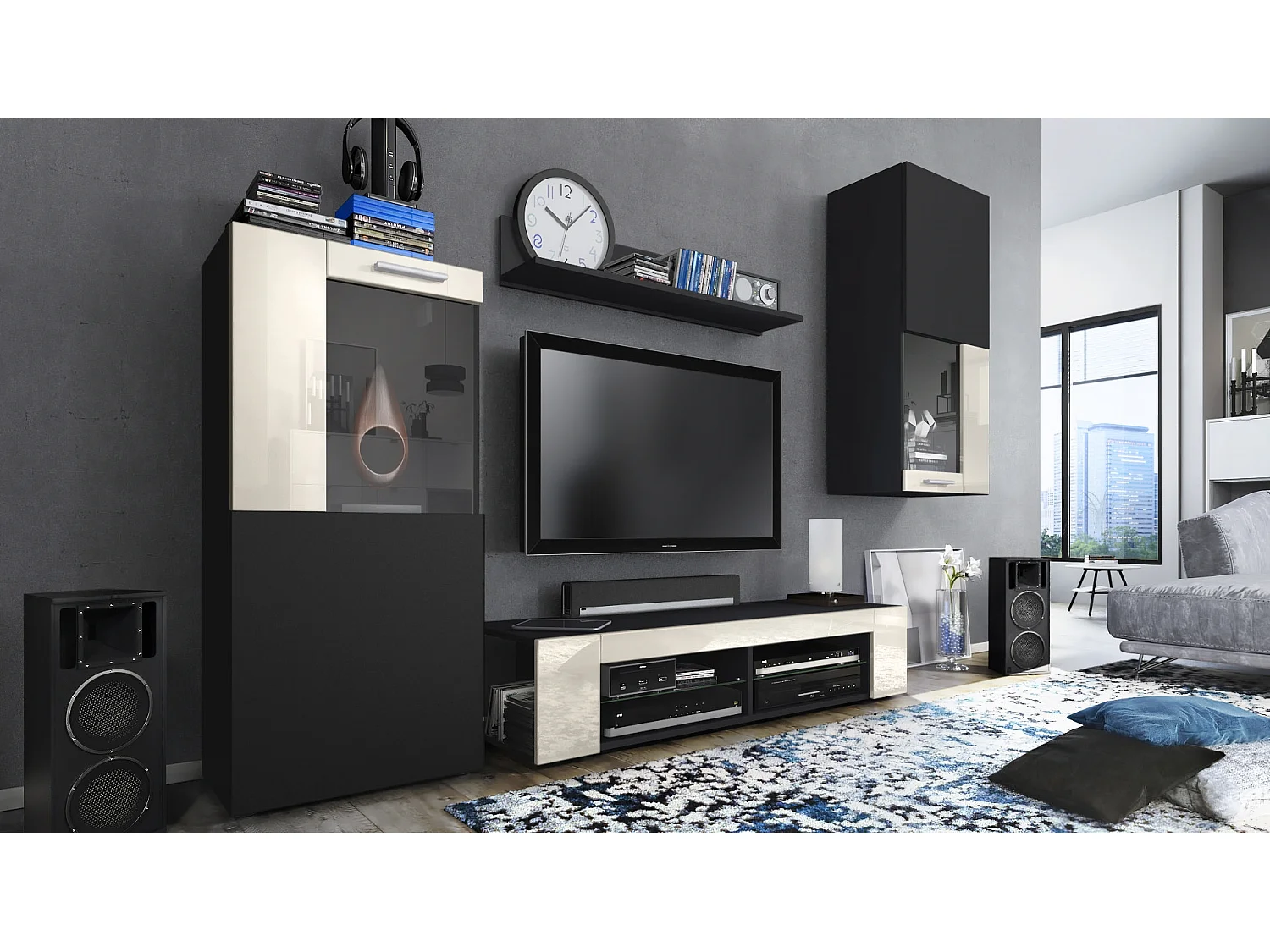 Ensemble de salon Movie comprenant 1 meuble bas TV, 2 vitrines et 1 étagère, Noir mat/Crème haute brillance, (Dimensions totales : 300 x 190 x 39 cm)