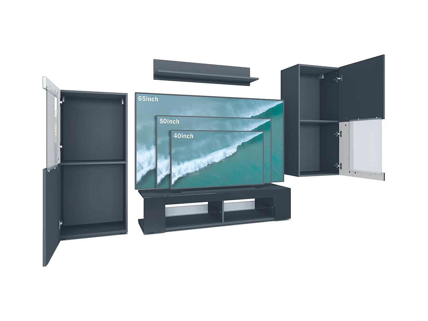 Ensemble de salon Movie comprenant 1 meuble bas TV, 2 vitrines et 1 étagère, Noir mat/Crème haute brillance, (Dimensions totales : 300 x 190 x 39 cm)