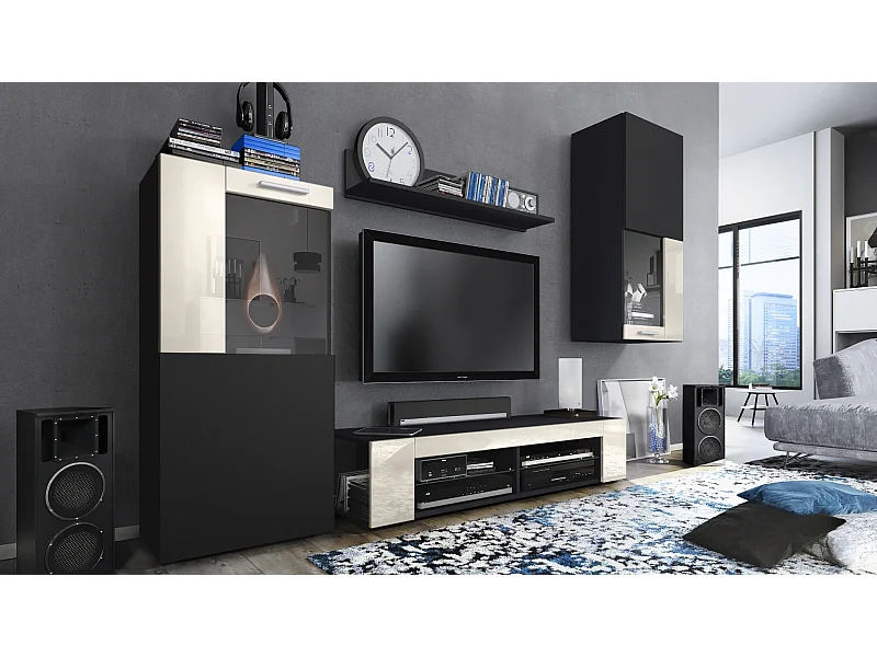 Ensemble de salon Movie comprenant 1 meuble bas TV, 2 vitrines et 1 étagère, Noir mat/Crème haute brillance, (Dimensions totales : 300 x 190 x 39 cm)