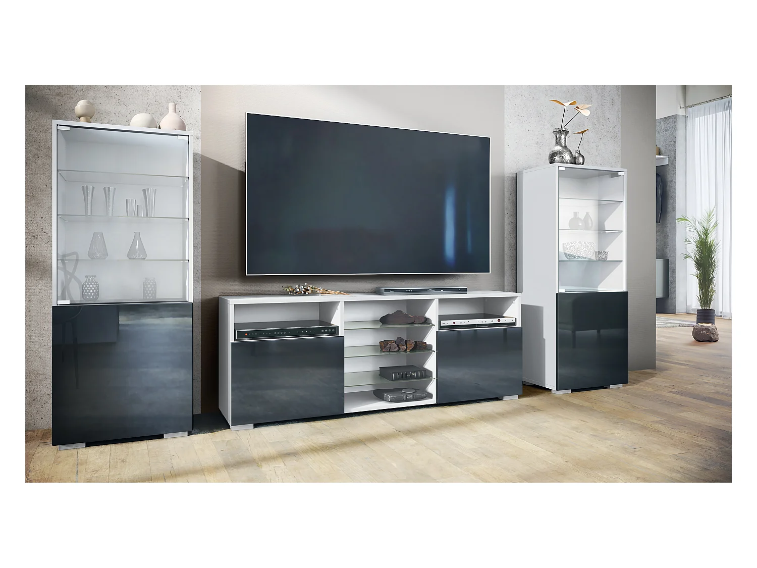 Ensemble mural Granada pour salon, comprenant 2 vitrines et 1 meuble TV, blanc mat/noir haute brillance (286 x 122,5 x 35 cm)