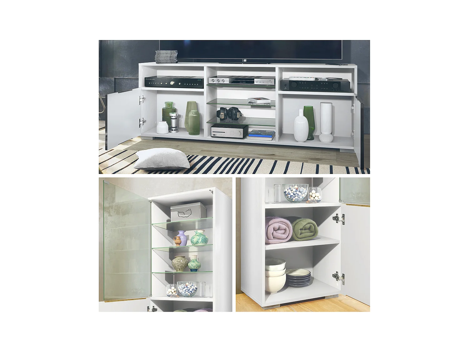 Ensemble mural Granada pour salon, comprenant 2 vitrines et 1 meuble TV, blanc mat/noir haute brillance (286 x 122,5 x 35 cm)