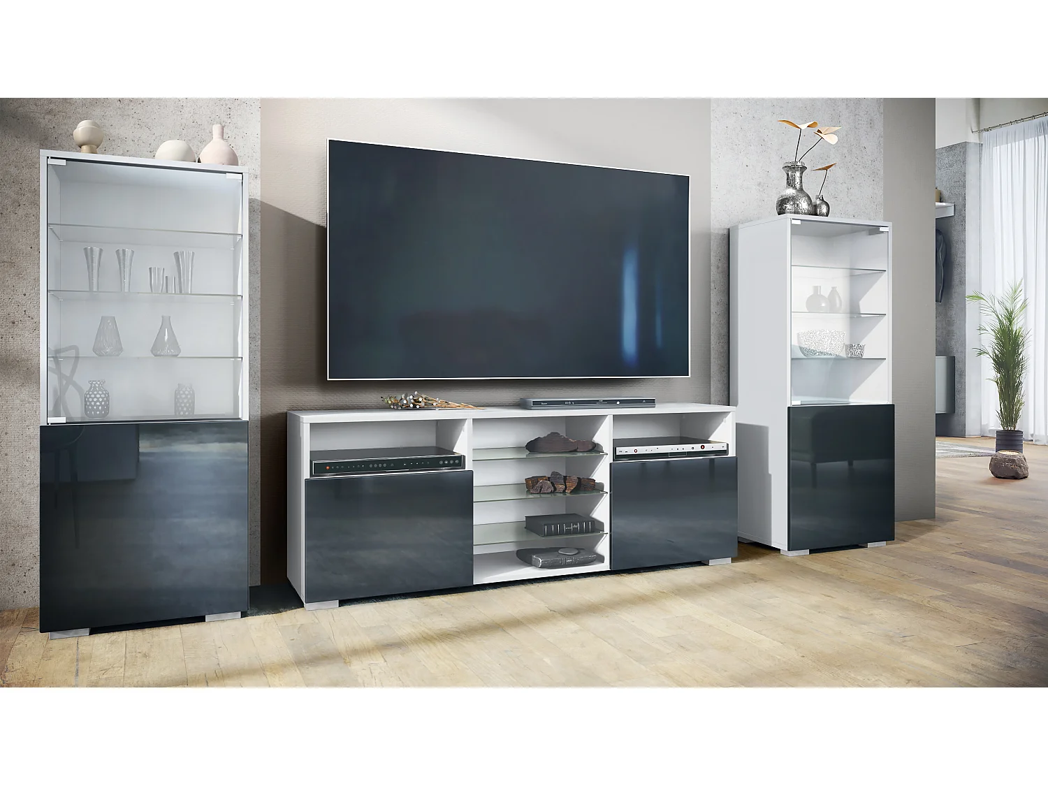 Ensemble mural Granada pour salon, comprenant 2 vitrines et 1 meuble TV, blanc mat/noir haute brillance (286 x 122,5 x 35 cm)