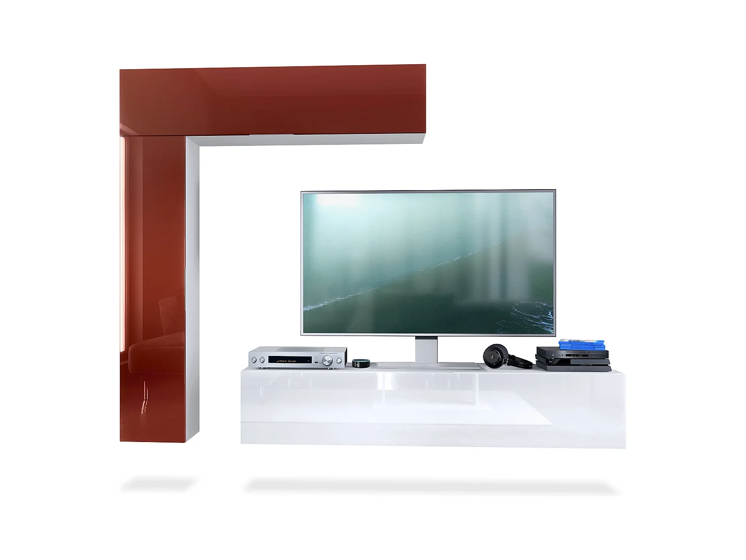 Meuble-paroi Taurito, blanc mat/bordeaux haute brillance - Meuble-paroi moderne pour votre salon (320 x 182 x 39 cm)