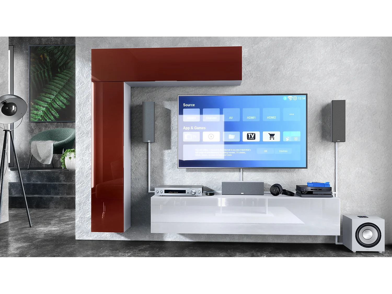 Meuble-paroi Taurito, blanc mat/bordeaux haute brillance - Meuble-paroi moderne pour votre salon (320 x 182 x 39 cm)