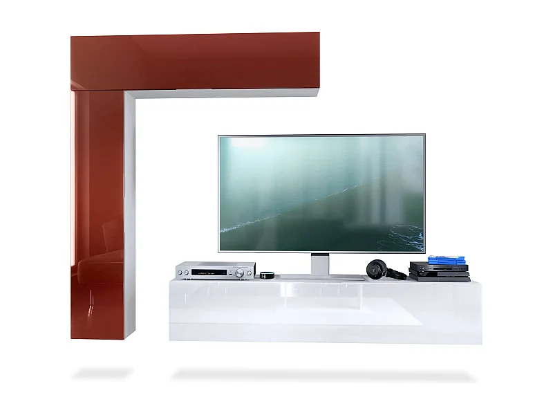 Meuble-paroi Taurito, blanc mat/bordeaux haute brillance - Meuble-paroi moderne pour votre salon (320 x 182 x 39 cm)