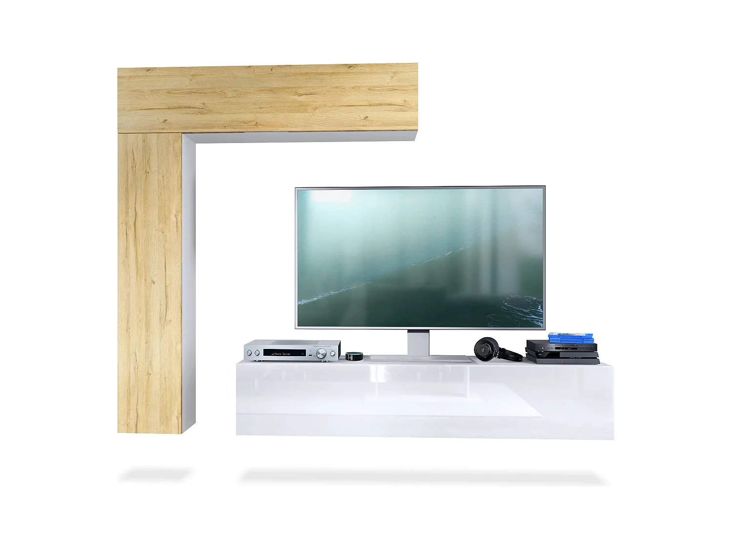 Meuble-paroi Taurito, blanc mat/chêne nature - Meuble-paroi moderne pour votre salon (320 x 182 x 39 cm)