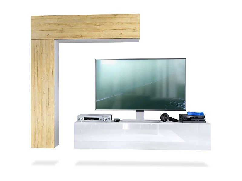 Meuble-paroi Taurito, blanc mat/chêne nature - Meuble-paroi moderne pour votre salon (320 x 182 x 39 cm)