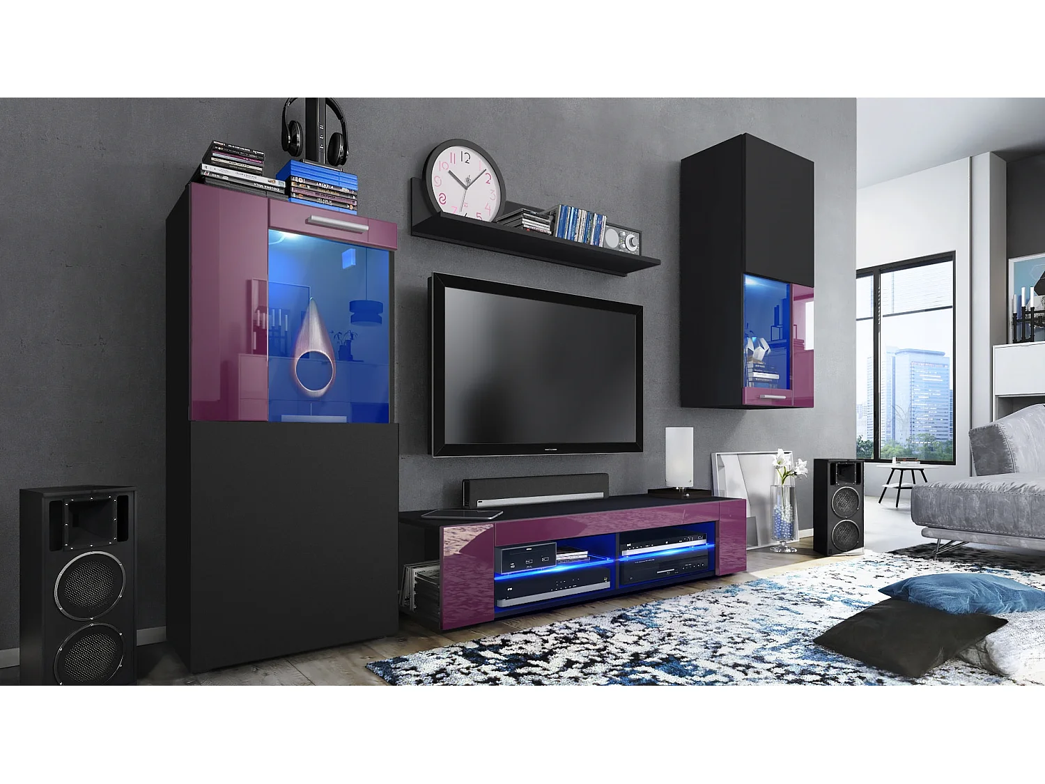 Ensemble de salon Movie comprenant 1 meuble bas TV, 2 vitrines et 1 étagère, Noir mat/Mûre haute brillance, (Dimensions totales : 300 x 190 x 39 cm)