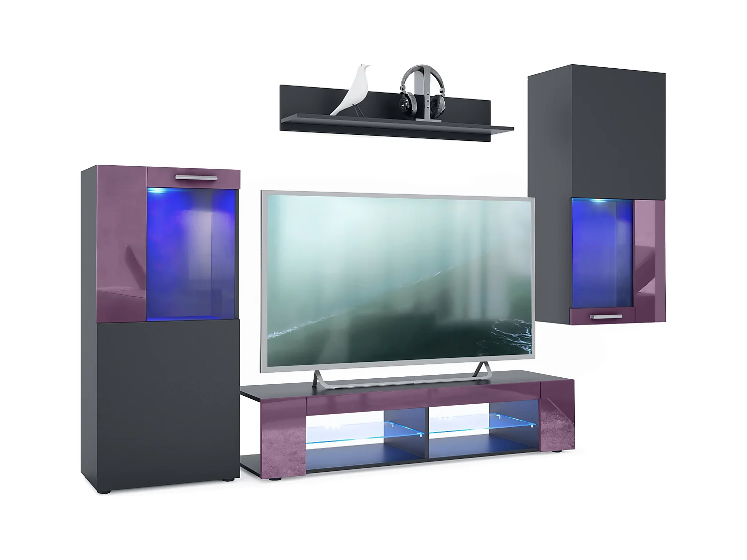 Ensemble de salon Movie comprenant 1 meuble bas TV, 2 vitrines et 1 étagère, Noir mat/Mûre haute brillance, (Dimensions totales : 300 x 190 x 39 cm)