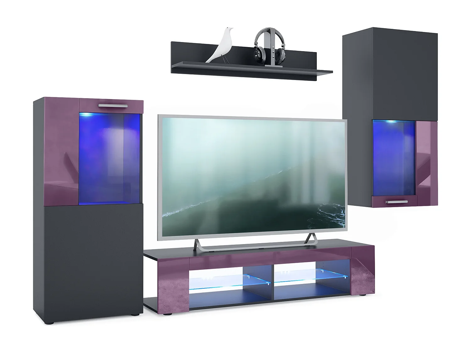 WOHNWAND Movie Absetzungen in Brombeer Hochglanz