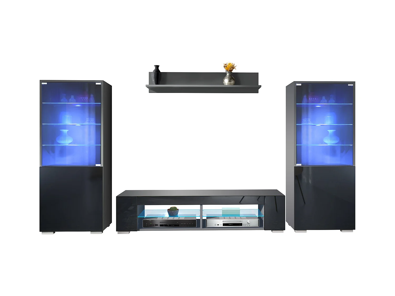 Ensemble mural Nevada V2, meuble de salon composé de 2 vitrines, 1 meuble TV et 1 étagère murale, Anthracite mat/noir brillant LED incluse (304,5 x 141 x 39 cm)