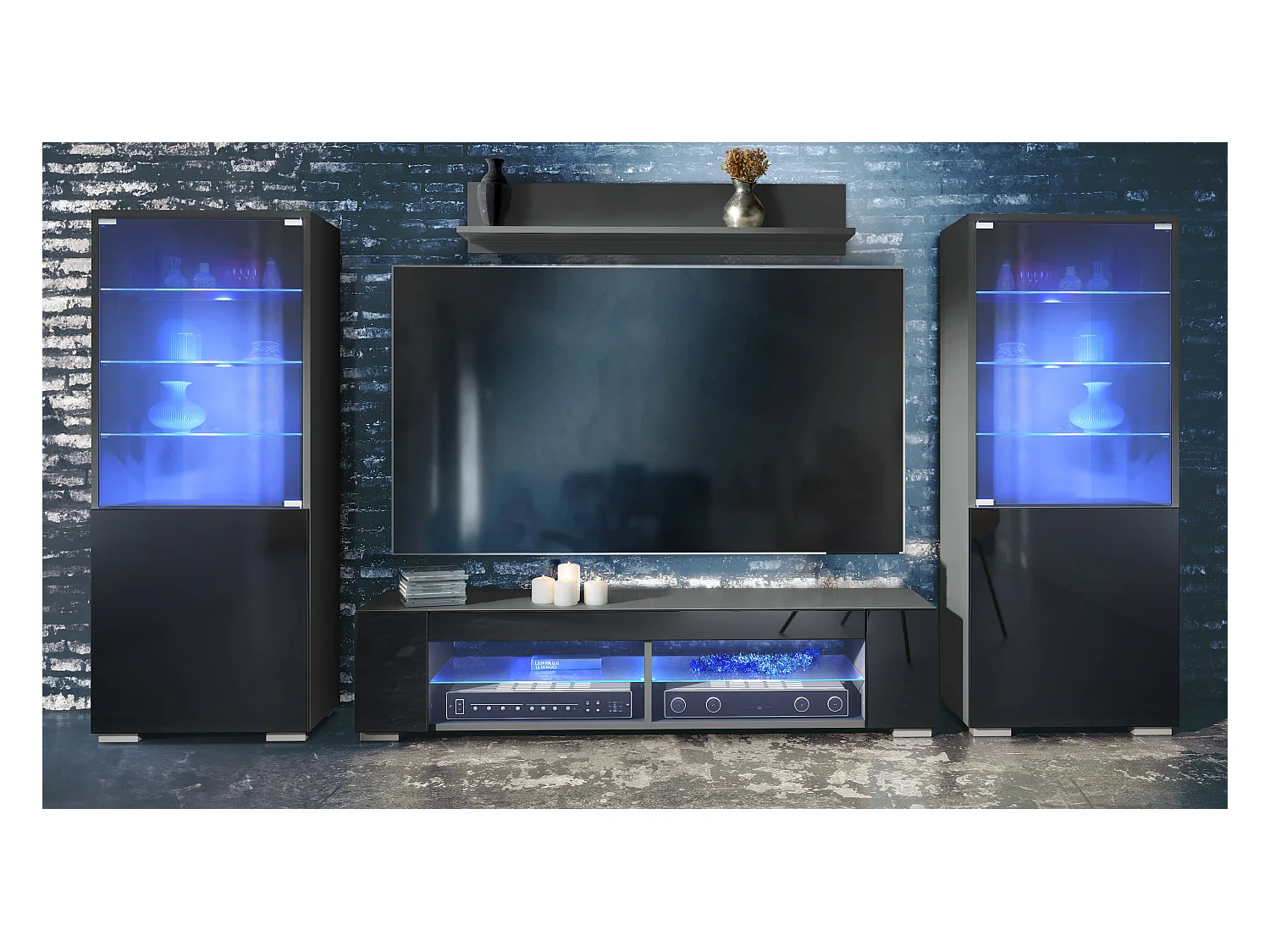 Ensemble mural Nevada V2, meuble de salon composé de 2 vitrines, 1 meuble TV et 1 étagère murale, Anthracite mat/noir brillant LED incluse (304,5 x 141 x 39 cm)
