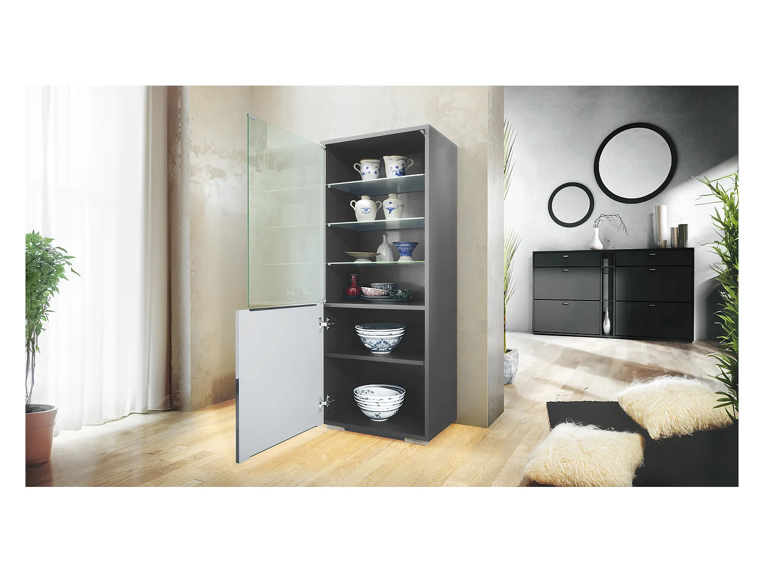 Ensemble mural Nevada V2, meuble de salon composé de 2 vitrines, 1 meuble TV et 1 étagère murale, Anthracite mat/noir brillant LED incluse (304,5 x 141 x 39 cm)