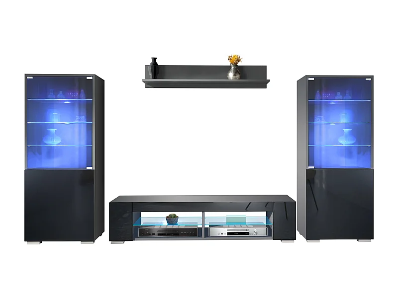 Ensemble mural Nevada V2, meuble de salon composé de 2 vitrines, 1 meuble TV et 1 étagère murale, Anthracite mat/noir brillant LED incluse (304,5 x 141 x 39 cm)