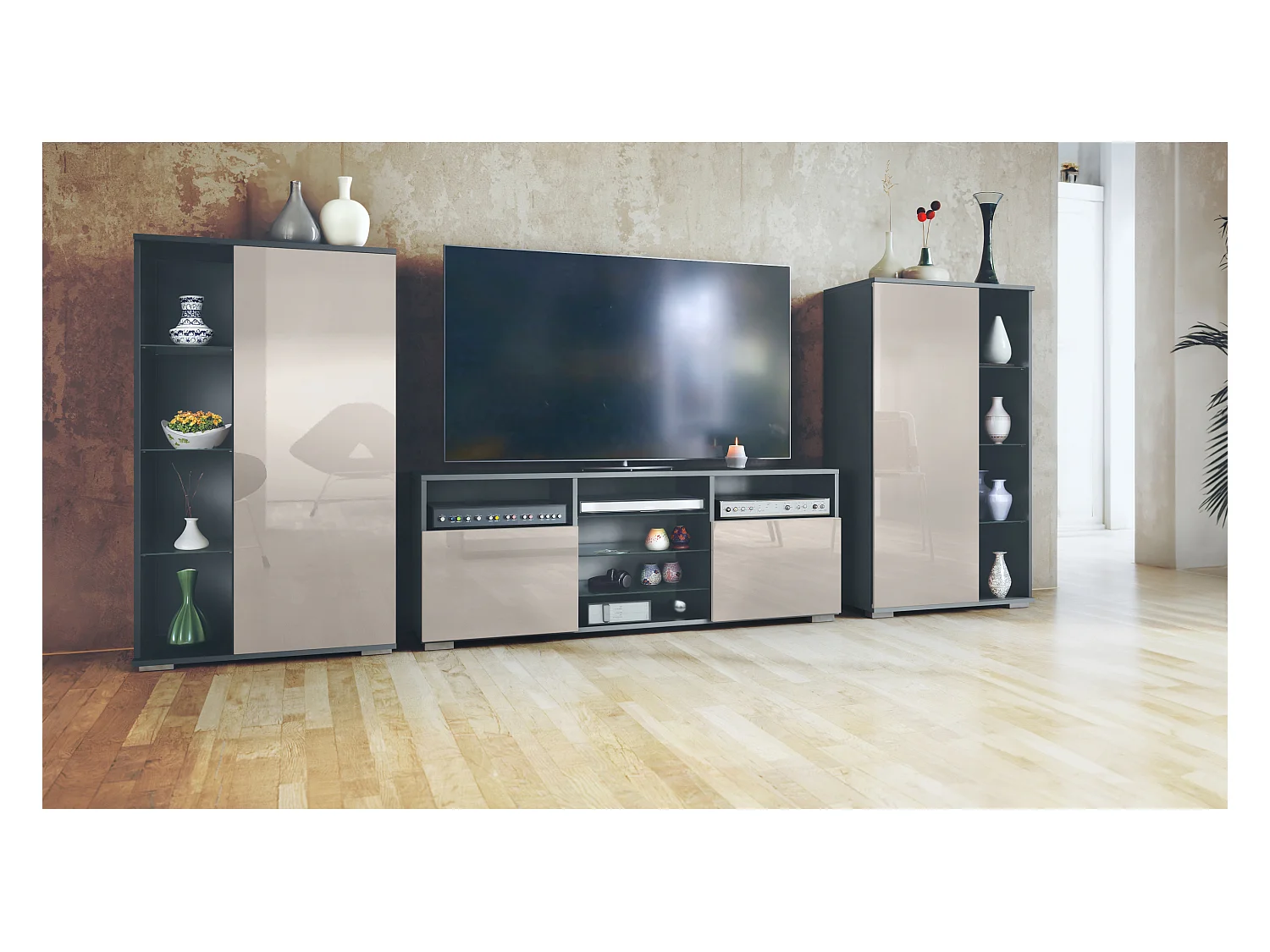 WOHNWAND Davos Sandgrau Hochglanz