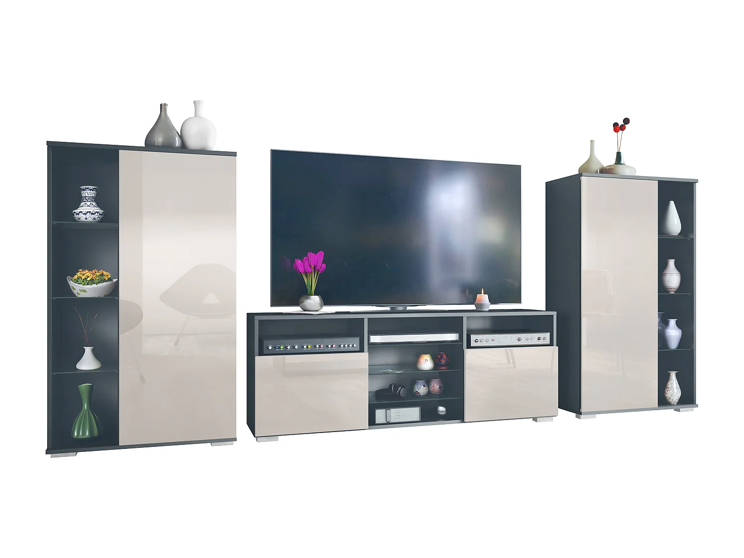 Ensemble mural Davos pour salon, comprenant 2 vitrines et 1 meuble TV, anthracite mat/gris sable haute brillance (329 x 134 x 35 cm)