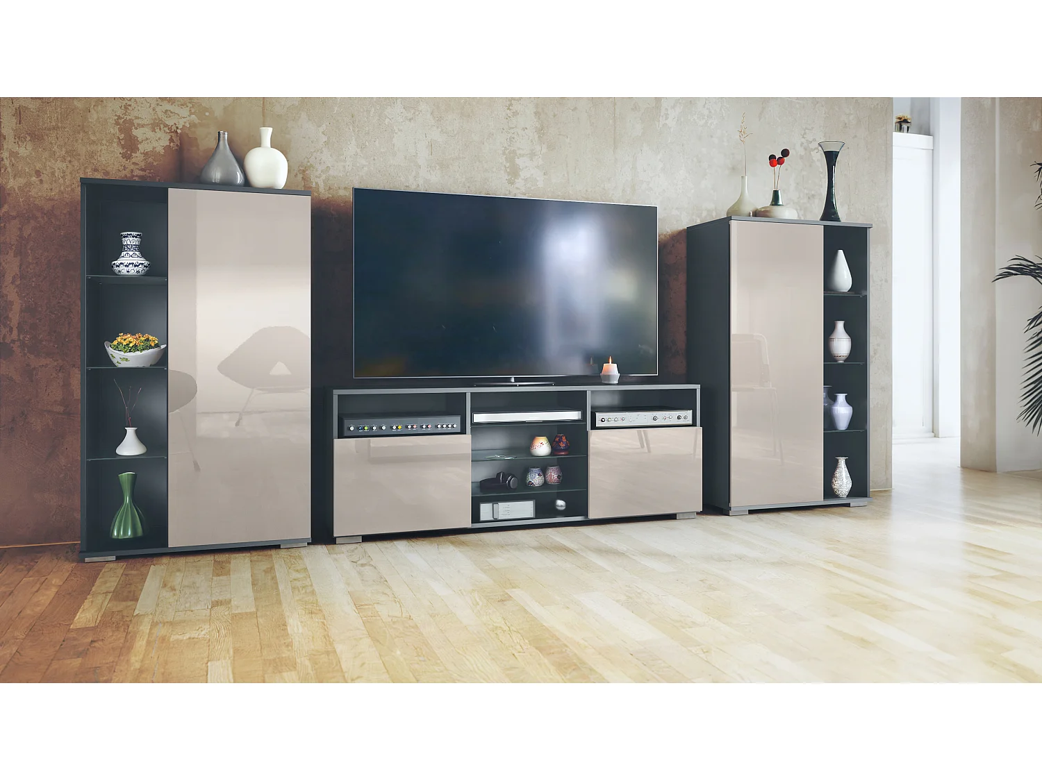 Ensemble mural Davos pour salon, comprenant 2 vitrines et 1 meuble TV, anthracite mat/gris sable haute brillance (329 x 134 x 35 cm)