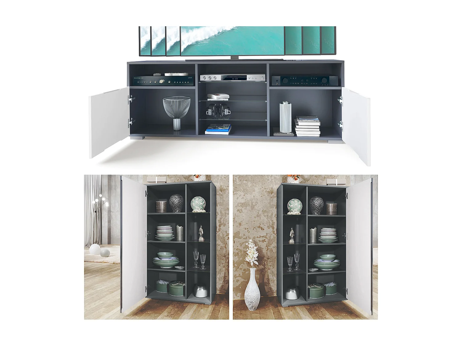 Ensemble mural Davos pour salon, comprenant 2 vitrines et 1 meuble TV, anthracite mat/gris sable haute brillance (329 x 134 x 35 cm)