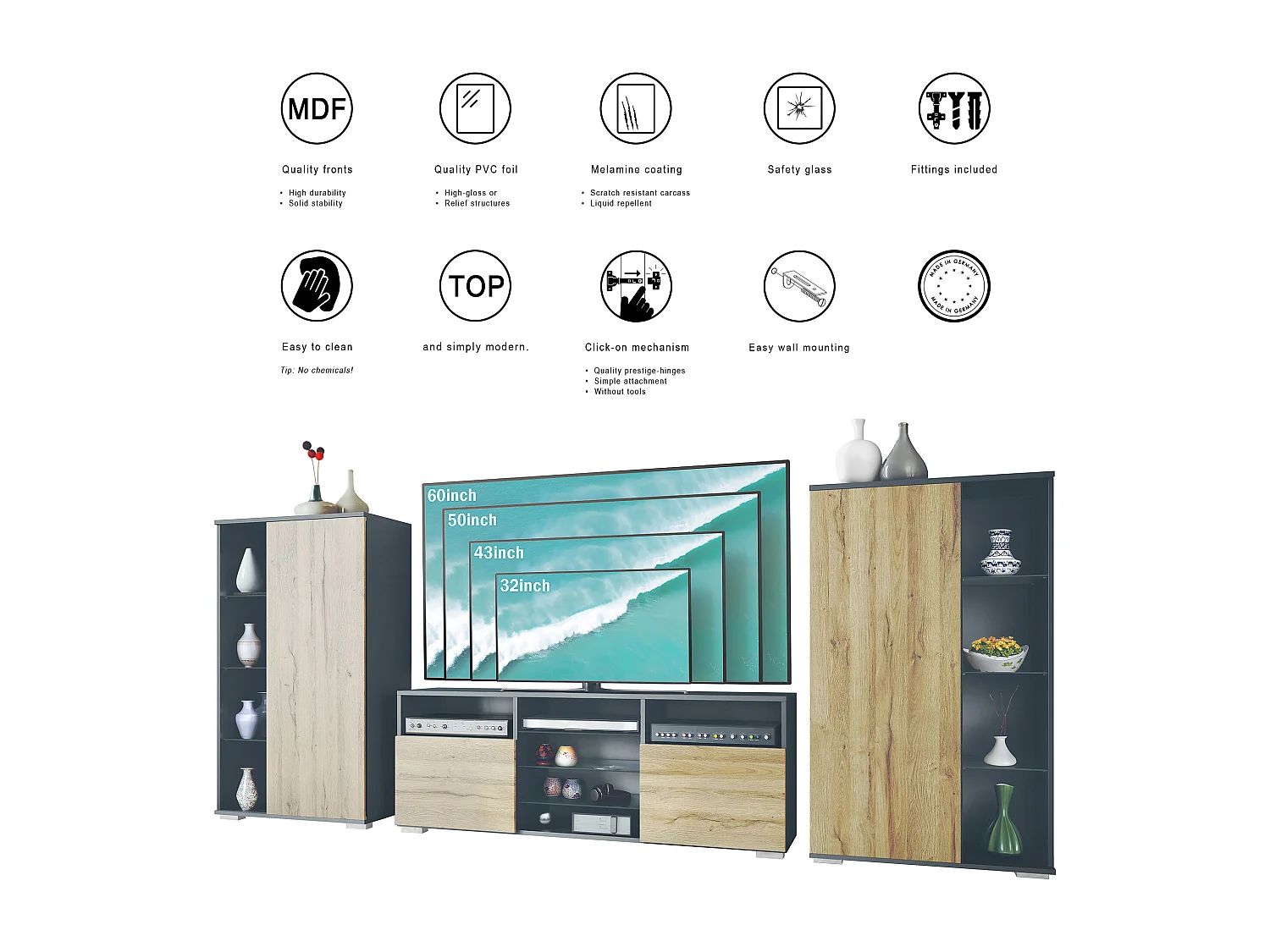 Ensemble mural Davos pour salon, comprenant 2 vitrines et 1 meuble TV, anthracite mat/gris sable haute brillance (329 x 134 x 35 cm)