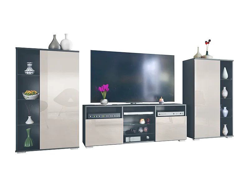 Ensemble mural Davos pour salon, comprenant 2 vitrines et 1 meuble TV, anthracite mat/gris sable haute brillance (329 x 134 x 35 cm)