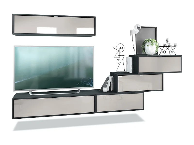 Mueble de pared Lana V1 unidad de pared compuesta por 5 unidades de pared con 12 compartimentos, cuerpo en Negro mate, frentes en Gris arena de alto brillo