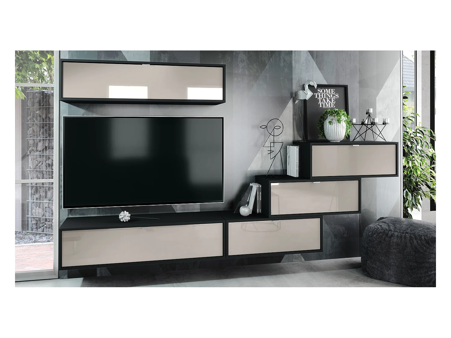 Unité murale Lana V1 composée de 5 unités murales à 12 compartiments, caisson en Noir mat, façades en Gris sable haute brillance | Grand choix de couleurs