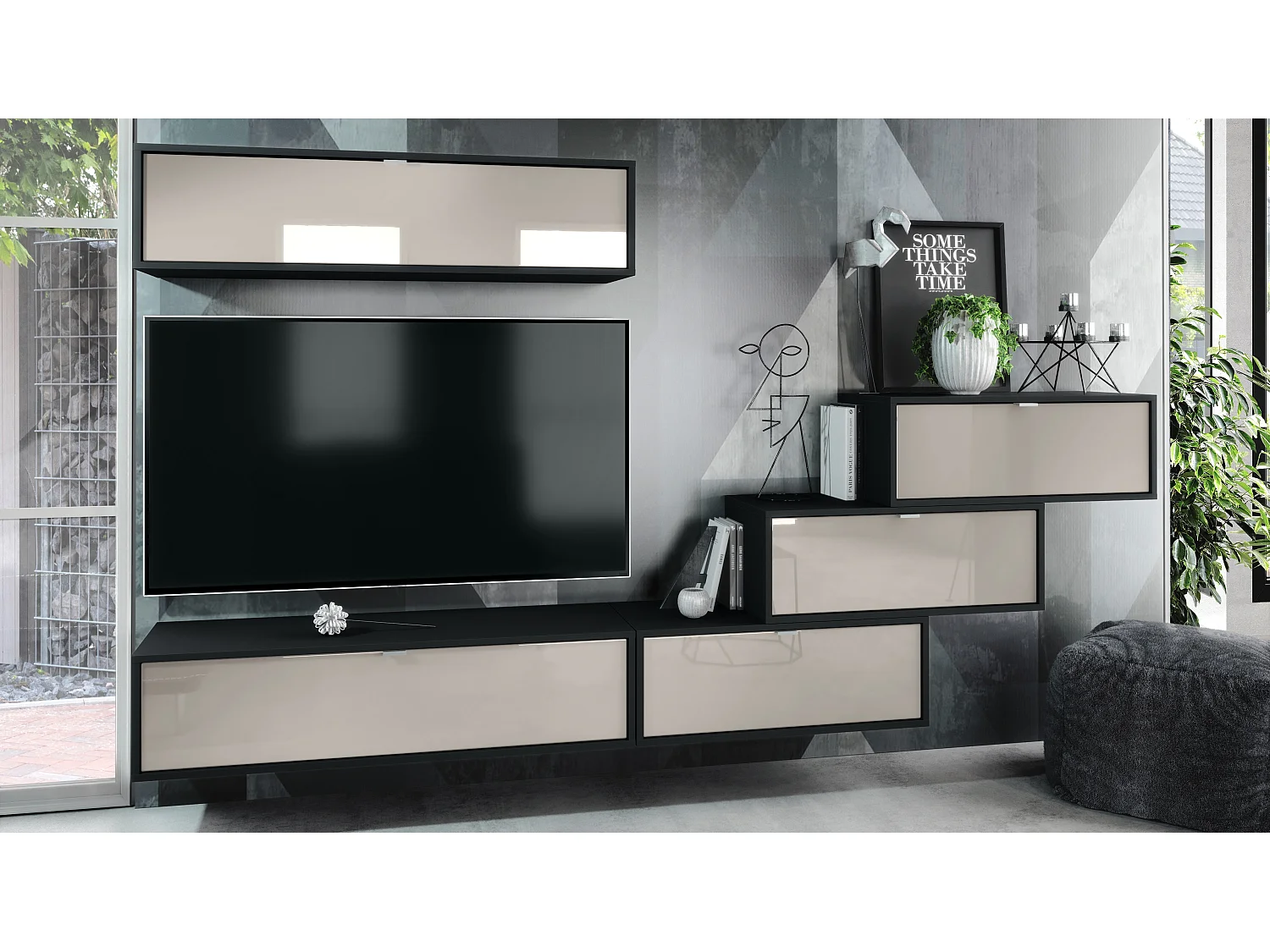 Unité murale Lana V1 composée de 5 unités murales à 12 compartiments, caisson en Noir mat, façades en Gris sable haute brillance | Grand choix de couleurs