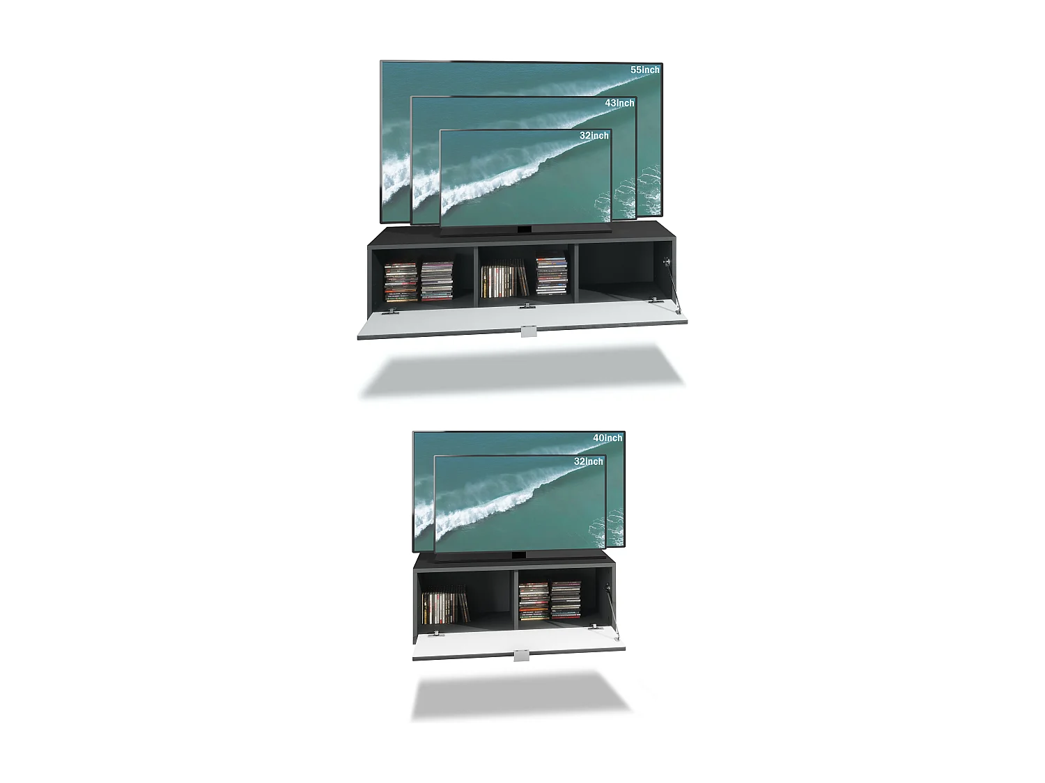 Unité murale Lana V1 composée de 5 unités murales à 12 compartiments, caisson en Noir mat, façades en Gris sable haute brillance | Grand choix de couleurs