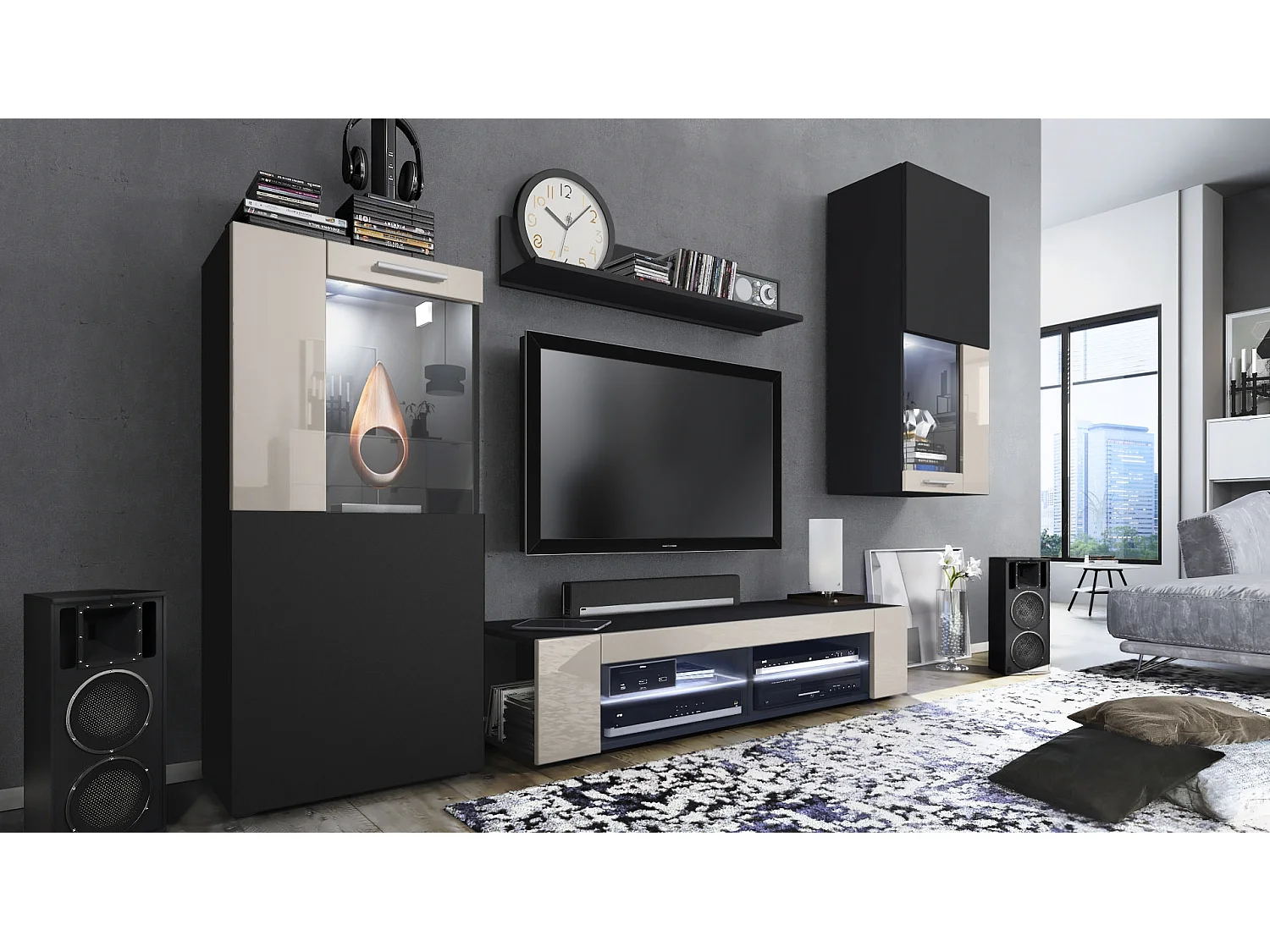 Ensemble de salon Movie comprenant 1 meuble bas TV, 2 vitrines et 1 étagère, Noir mat/Gris sable haute brillance, (Dimensions totales : 300 x 190 x 39 cm)