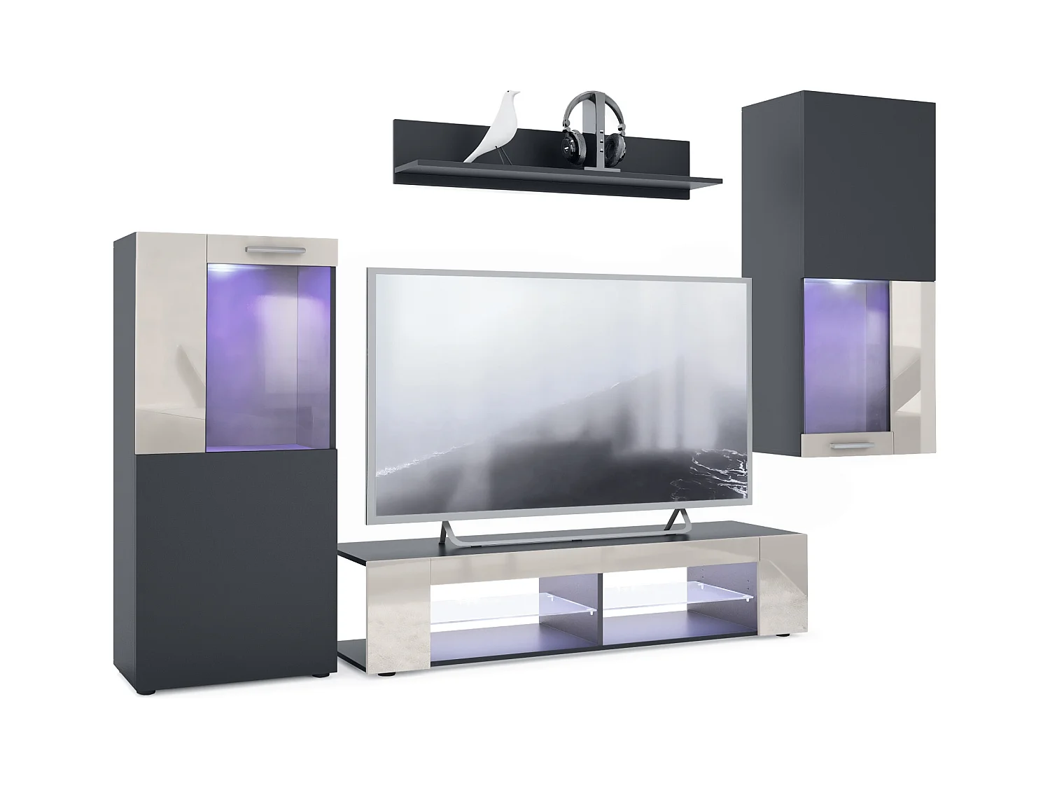 Ensemble de salon Movie comprenant 1 meuble bas TV, 2 vitrines et 1 étagère, Noir mat/Gris sable haute brillance, (Dimensions totales : 300 x 190 x 39 cm)