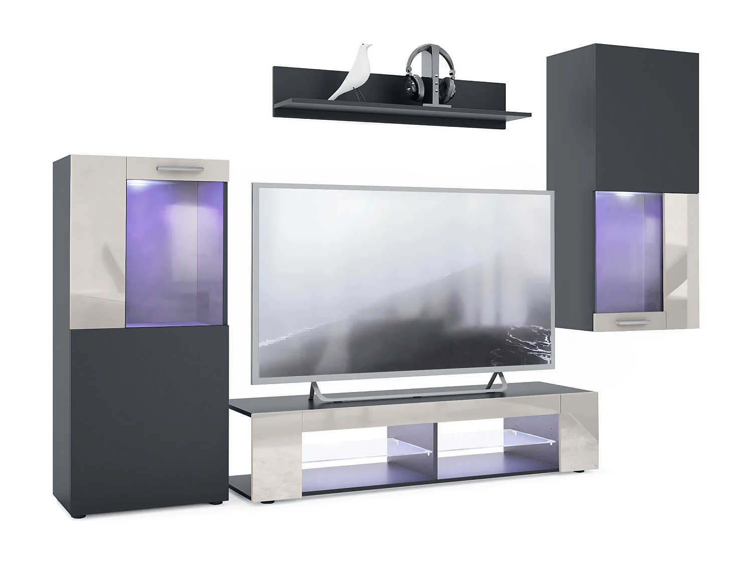 WOHNWAND Movie Absetzungen in Sandgrau Hochglanz