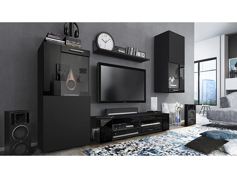 WOHNWAND Movie Absetzungen in Schwarz Hochglanz