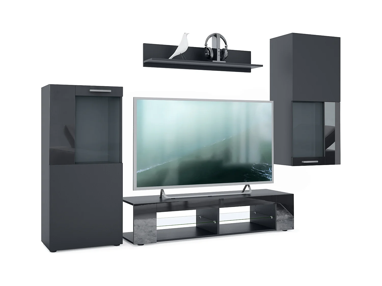 Ensemble de salon Movie comprenant 1 meuble bas TV, 2 vitrines et 1 étagère, Noir mat/Noir haute brillance, (Dimensions totales : 300 x 190 x 39 cm)