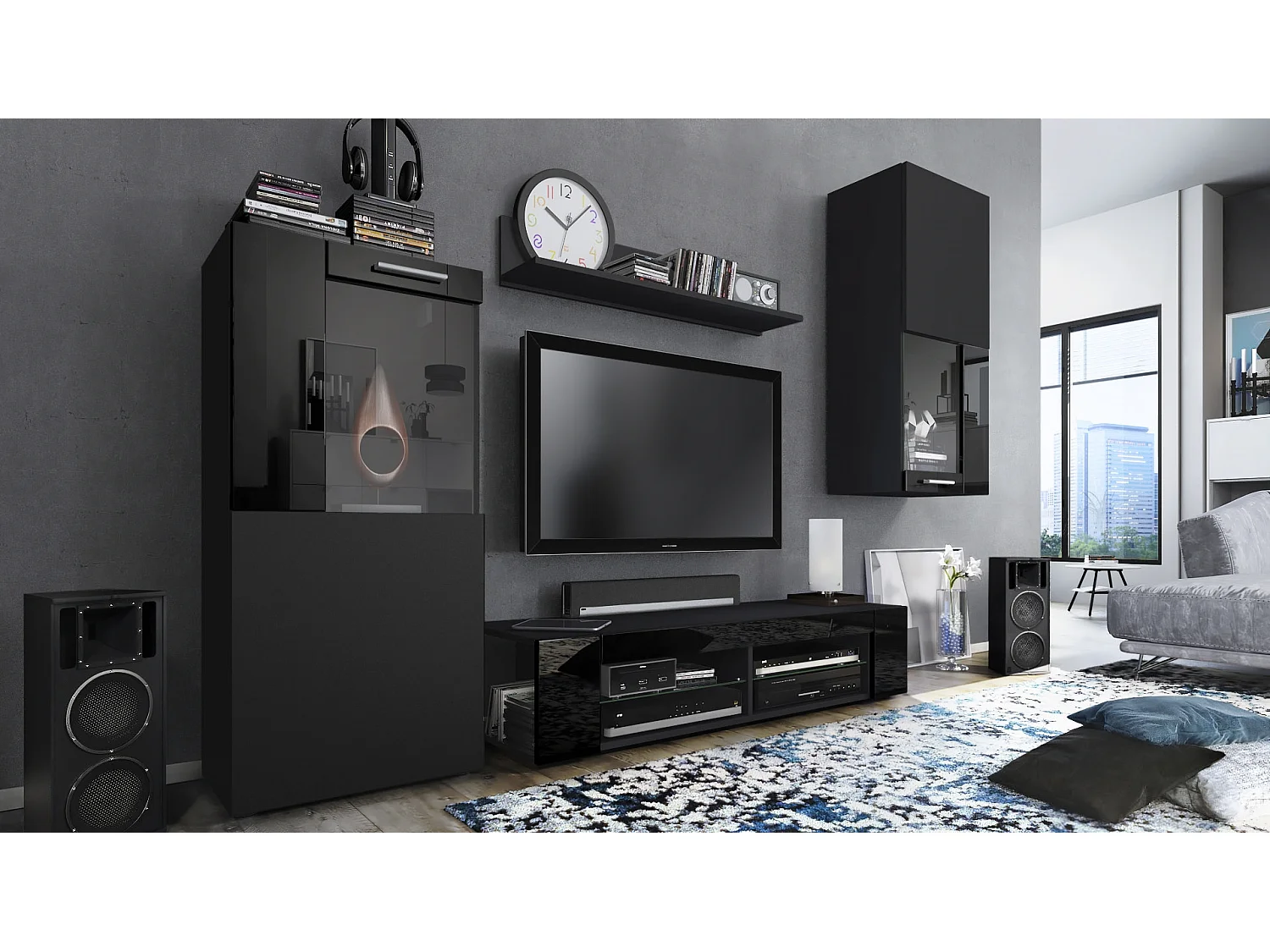 Ensemble de salon Movie comprenant 1 meuble bas TV, 2 vitrines et 1 étagère, Noir mat/Noir haute brillance, (Dimensions totales : 300 x 190 x 39 cm)
