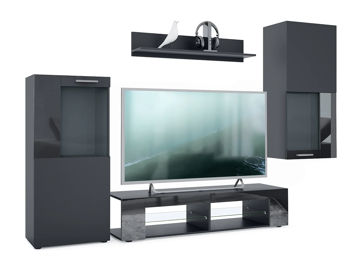 Ensemble de salon Movie comprenant 1 meuble bas TV, 2 vitrines et 1 étagère, Noir mat/Noir haute brillance, (Dimensions totales : 300 x 190 x 39 cm)