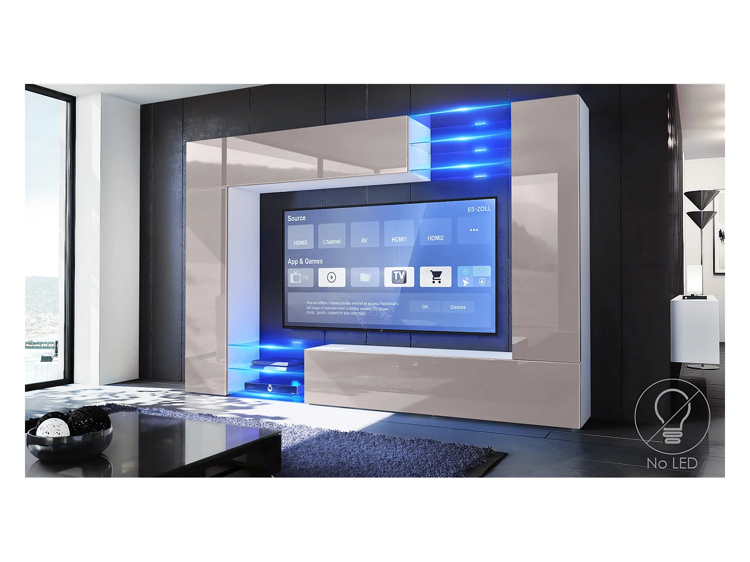 Meuble TV mural Mirage, Ensemble étagère TV et 2 portes, 2 clapets et 6 étagères en verre, Blanc mat/Gris sable brillant (262 x 183 x 39 cm)