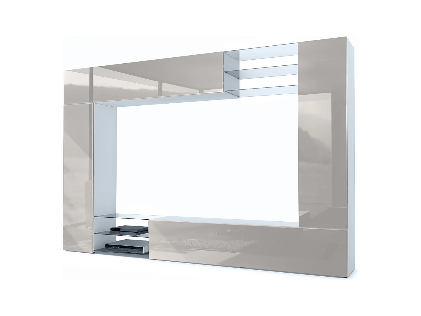 Meuble TV mural Mirage, Ensemble étagère TV et 2 portes, 2 clapets et 6 étagères en verre, Blanc mat/Gris sable brillant (262 x 183 x 39 cm)
